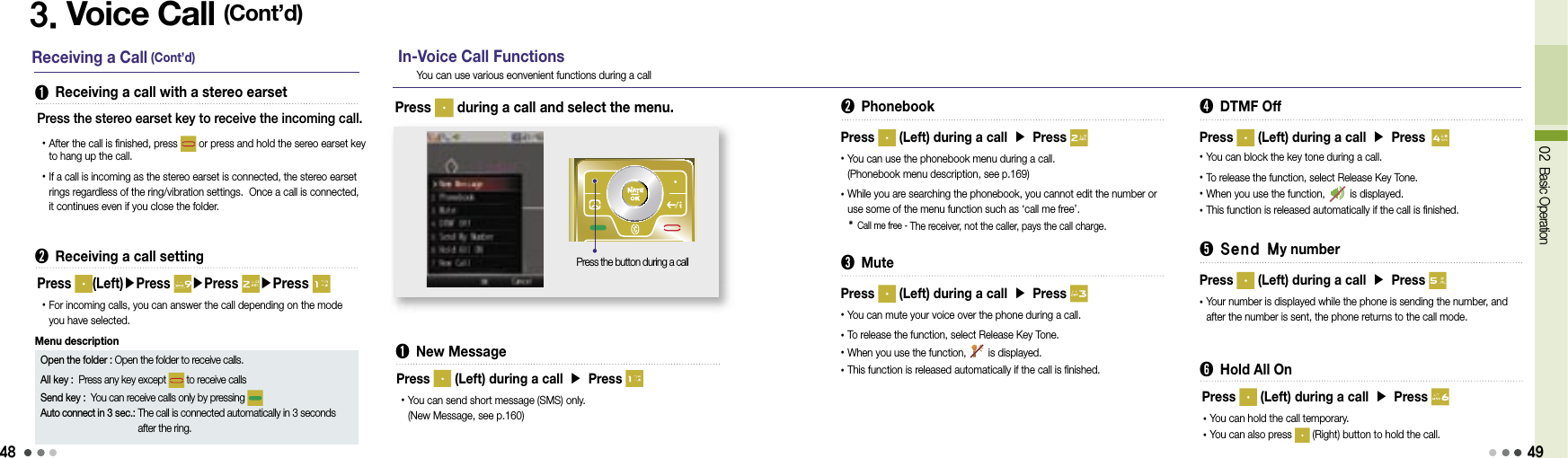 4802 Basic Operation3. Voice Call (Cont’d)Receiving a Call (Cont’d) ➊  Receiving a call with a stereo earsetPress the stereo earset key to receive the incoming call.• After the call is finished, press   or press and hold the sereo earset key to hang up the call.• If a call is incoming as the stereo earset is connected, the stereo earset rings regardless of the ring/vibration settings.  Once a call is connected, it continues even if you close the folder.➋ Receiving a call settingPress  (Left)▶Press  ▶Press ▶Press            • For incoming calls, you can answer the call depending on the mode you have selected.Open the folder : Open the folder to receive calls.All key :  Press any key except   to receive callsSend key :  You can receive calls only by pressing Auto connect in 3 sec.:  The call is connected automatically in 3 seconds after the ring.    Menu descriptionIn-Voice Call Functions➊ New MessagePress the button during a callYou can use various eonvenient functions during a callPress   (Left) during a call ▶ Press • You can send short message (SMS) only.(New Message, see p.160)Press   during a call and select the menu. ➋  PhonebookPress   (Left) during a call ▶ Press • You can use the phonebook menu during a call.(Phonebook menu description, see p.169)• While you are searching the phonebook, you cannot edit the number or use some of the menu function such as ‘call me free’.* Call me free -  The receiver, not the caller, pays the call charge.➌  MutePress   (Left) during a call ▶ Press • You can mute your voice over the phone during a call.• To release the function, select Release Key Tone.• When you use the function,   is displayed.• This function is released automatically if the call is finished.➍  DTMF OffPress   (Left) during a call ▶ Press • You can block the key tone during a call.• To release the function, select Release Key Tone.• When you use the function,   is displayed.• This function is released automatically if the call is finished.➎ Send My numberPress   (Left) during a call ▶ Press • Your number is displayed while the phone is sending the number, and after the number is sent, the phone returns to the call mode.➏  Hold All OnPress   (Left) during a call ▶ Press • You can hold the call temporary.• You can also press   (Right) button to hold the call.49