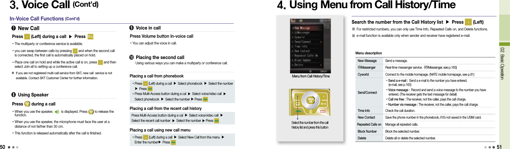 5002 Basic Operation3. Voice Call (Cont’d)In-Voice Call Functions (Cont’d)➐  New CallPress   (Left) during a call ▶ Press •The multiparty or conference service is available.• you can swap between calls by pressing   and when the second call is connected, the first call is automatically placed on hold.• Place one call on hold and while the active call is on, press   and then select Join all to setting up a conference call.            ※  If you are not registered multi-call service from SKT, new call  service is not available. Contact SKT Customer Center for further information.➑  Using SpeakerPress   during a call• When you use the speaker,   is displayed. Press   to release the function.• When you use the speaker, the microphone must face the user at a distance of not farther than 30 cm.• This function is released automatically after the call is finished.➒  Voice in callPress Volume button In-voice call• You can adjust the voice in call.➓  Placing the second callUsing various ways you can make a multiparty or conference call.Placing a call from phonebook• Press   (Left) during a call ▶ Select phonebook ▶ Select the number▶ Press • Press Multi-Access button during a cal ▶ Select voice/video call ▶ Select phonebook ▶ Select the number ▶ Press Placing a call from the recent call history Press Multi-Access button during a cal ▶ Select voice/video call ▶ Select the recent call number ▶ Select the number ▶ Press Placing a call using new call menu•  Press   (Left) during a call ▶ Select New Call from the menu ▶ Enter the number▶ Press 4. Using Menu from Call History/TimeMenu from Call History/TimeSearch the number from the Call History list ▶ Press   (Left)󰥇  For restricted numbers, you can only use Time Info, Repeated Calls on, and Delete functions.󰥇  e-mail function is available only when sender and receiver have registered e-mail. New Message  Send a message. ⓜMessenger  Real-time messenger service. (ⓜMessenger, see p.163) Cyworld  Connect to the mobile homepage. (NATE mobile homepage, see p.81) Send/Connect •Send a e-mail : Send a e-mail to the number you have entered.       (e-mail, see p.163) •Voice message : Record and send a voice message to the number you have      entered. (The receiver gets the text message for detail) •Call me free :  The receiver, not the caller, pays the call charge. •Number via message :  The receiver, not the caller, pays the call charge. Time Info  Check the call duration. New Contact  Save the phone number in the phonebook, if it’s not saved in the USIM card. Repeated Calls on  Manage all repeated calls. Block Number  Block the selected number. Delete  Delete all or delete the selected number.Menu descriptionSelect the number from the call history list and press this button51