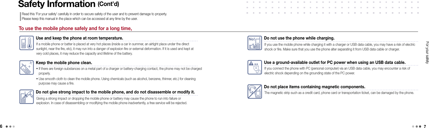 6Use a ground-available outlet for PC power when using an USB data cable.If you connect the phone with PC (personal computer) via an USB data cable, you may encounter a risk of electric shock depending on the grounding state of the PC power.Do not place items containing magnetic components.The magnetic strip such as a credit card, phone card or transportation ticket, can be damaged by the phone.No!Do not use the phone while charging.If you use the mobile phone while charging it with a charger or USB data cable, you may have a risk of electric shock or fire. Make sure that you use the phone alter separating it from USB data cable or charger.For your safetyTo use the mobile phone safely and for a long time,Safety Information (Cont’d)Read this ‘For your safety’ carefully in order to secure safety of the user and to prevent damage to property.  Please keep this manual in the place which can be accessed at any time by the user.Use and keep the phone at room temperature.If a mobile phone or batter is placed at very hot places (inside a car in summer, an airtight place under the direct sunlight, near the fire, etc), it may run into a danger of explosion fire or external deformation. If it is used and kept at very cold places, it may reduce the capacity and lifetime of the battery. Keep the mobile phone clean.•  If there are foreign substances on a metal part of a charger or battery-charging contact, the phone may not be charged properly. •   Use smooth cloth to clean the mobile phone. Using chemicals (such as alcohol, benzene, thinner, etc.) for cleaning purpose may cause a fire.Do not give strong impact to the mobile phone, and do not disassemble or modify it.Giving a strong impact or dropping the mobile phone or battery may cause the phone to run into failure or  explosion. In case of disassembling or modifying the mobile phone inadvertently, a free service will be rejected.7