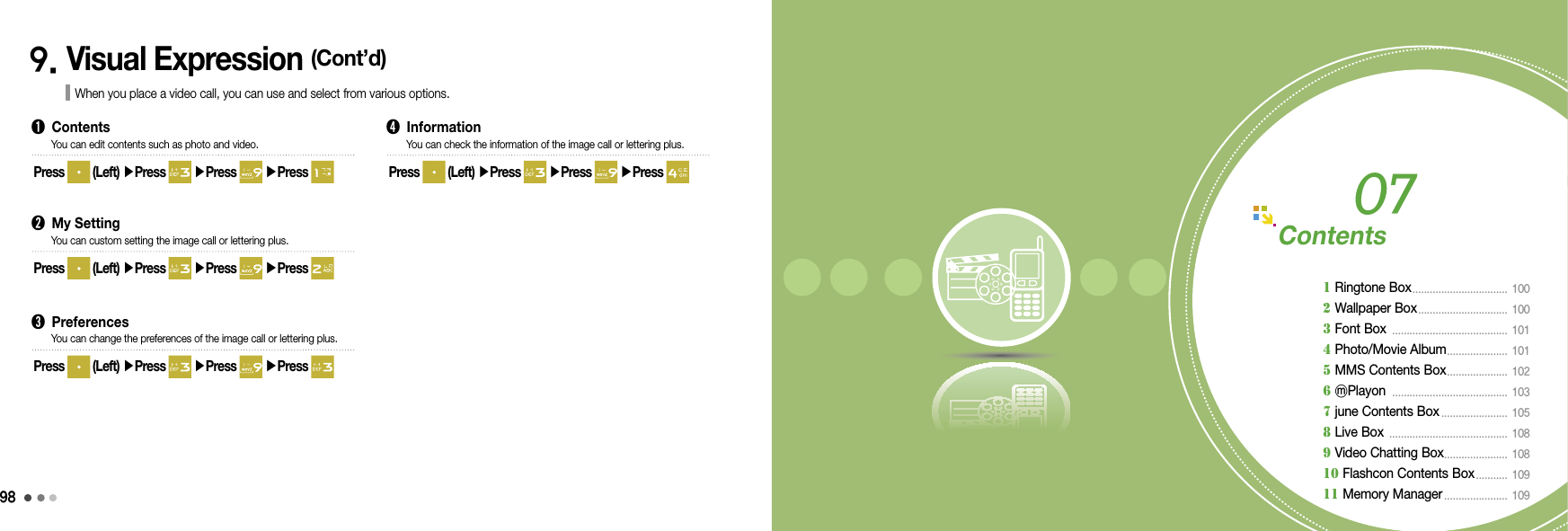 98999. Visual Expression (Cont’d)When you place a video call, you can use and select from various options.➊  ContentsYou can edit contents such as photo and video.Press   (Left) ▶Press   ▶Press   ▶Press ➋  My SettingYou can custom setting the image call or lettering plus.Press   (Left) ▶Press   ▶Press   ▶Press ➌  PreferencesYou can change the preferences of the image call or lettering plus.Press   (Left) ▶Press   ▶Press   ▶Press ➍  InformationYou can check the information of the image call or lettering plus.Press   (Left) ▶Press   ▶Press   ▶Press 05 소리9999Contents1 Ringtone Box .................................  1002 Wallpaper Box ...............................  1003 Font Box   ........................................  1014 Photo/Movie Album .....................  101 5 MMS Contents Box .....................  102 6 ⓜPlayon   ........................................  1037 june Contents Box .......................  1058 Live Box   .........................................  1089 Video Chatting Box ......................  108 10 Flashcon Contents Box ........... 10911 Memory Manager ......................  10907