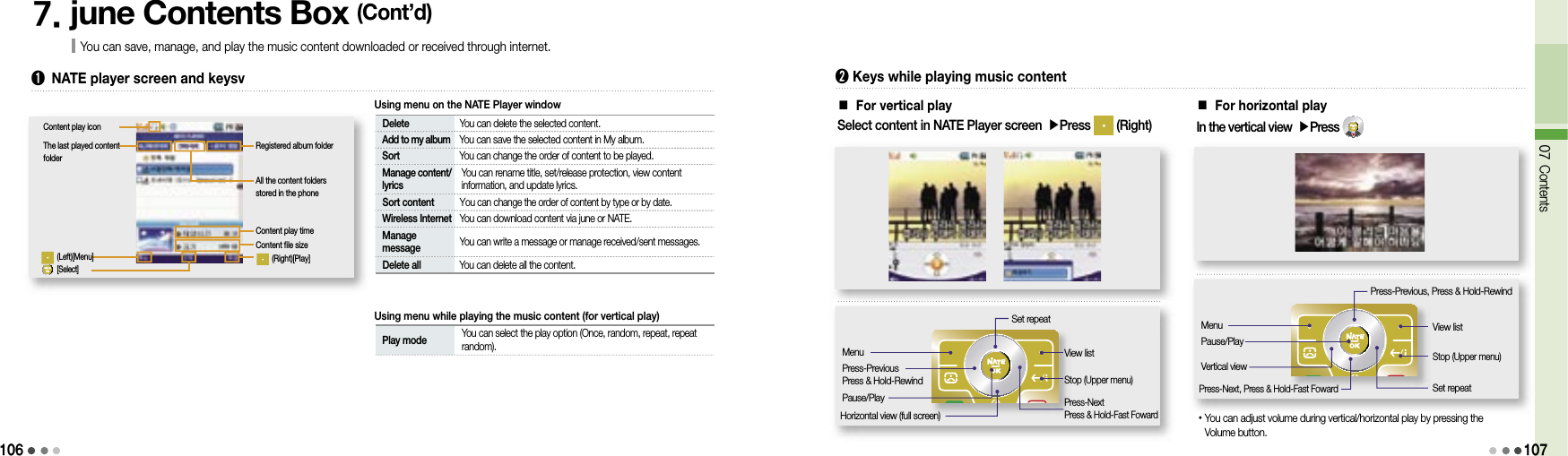 10607 ContentsRegistered album folderAll the content folders stored in the phoneContent play timeContent file size(Right)[Play]The last played content folder(Left)[Menu]Content play icon[Select]1077. june Contents Box (Cont’d)You can save, manage, and play the music content downloaded or received through internet.➊  NATE player screen and keysv■ For vertical play➋  Keys while playing music contentSelect content in NATE Player screen ▶Press   (Right)Set repeatPause/PlayPress-PreviousPress &amp; Hold-Rewind■ For horizontal playIn the vertical view ▶Press Press-Previous, Press &amp; Hold-RewindView listStop (Upper menu)Set repeatMenuPause/Play• You can adjust volume during vertical/horizontal play by pressing the Volume button.  Delete  You can delete the selected content. Add to my album  You can save the selected content in My album. Sort  You can change the order of content to be played.  Manage content/lyrics  You can rename title, set/release protection, view content information, and update lyrics. Sort content  You can change the order of content by type or by date. Wireless Internet  You can download content via june or NATE.  Manage message  You can write a message or manage received/sent messages. Delete all  You can delete all the content. Play mode   You can select the play option (Once, random, repeat, repeat random).Using menu on the NATE Player windowUsing menu while playing the music content (for vertical play)MenuHorizontal view (full screen)View listStop (Upper menu)Press-NextPress &amp; Hold-Fast FowardVertical viewPress-Next, Press &amp; Hold-Fast Foward