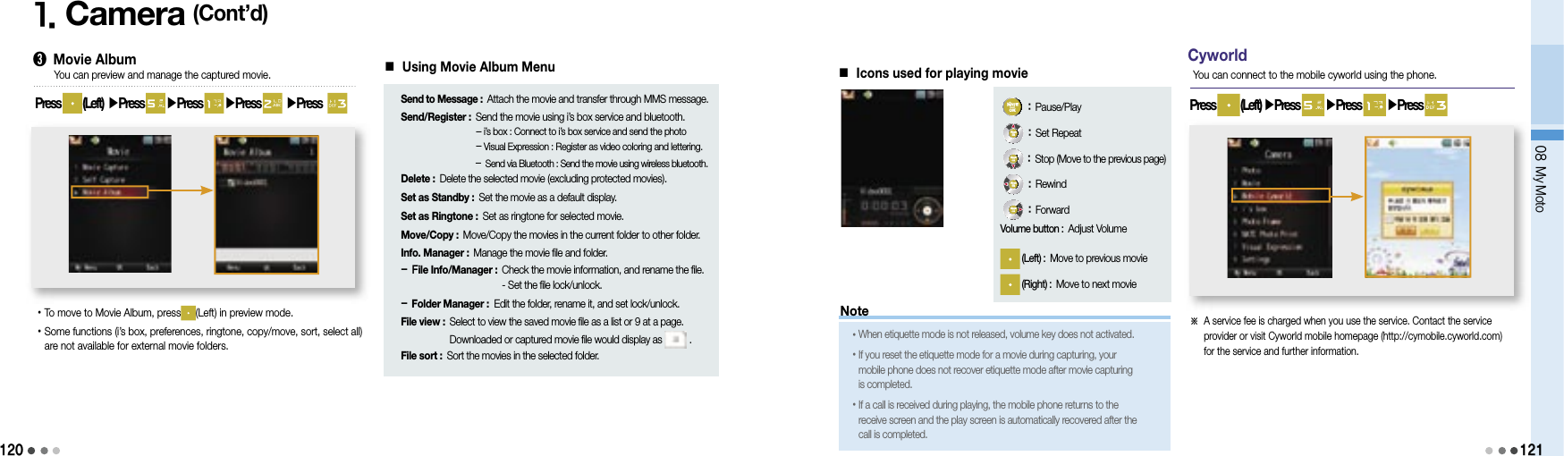 120Note08 My Moto1. Camera (Cont’d)➌ Movie AlbumPress   (Left)  ▶Press   ▶Press   ▶Press  ▶Press   You can preview and manage the captured movie.• To move to Movie Album, press (Left) in preview mode.• Some functions (i’s box, preferences, ringtone, copy/move, sort, select all) are not available for external movie folders.■ Icons used for playing movie : Pause/Play: Set Repeat: Stop (Move to the previous page): Rewind: ForwardVolume button : Adjust Volume (Left) : Move to previous movie (Right) : Move to next movie• When etiquette mode is not released, volume key does not activated.• If you reset the etiquette mode for a movie during capturing, your mobile phone does not recover etiquette mode after movie capturing is completed.• If a call is received during playing, the mobile phone returns to the receive screen and the play screen is automatically recovered after the call is completed.Cyworld※  A service fee is charged when you use the service. Contact the service provider or visit Cyworld mobile homepage (http://cymobile.cyworld.com) for the service and further information.You can connect to the mobile cyworld using the phone.121■ Using Movie Album Menu Send to Message :  Attach the movie and transfer through MMS message.Send/Register :  Send the movie using i’s box service and bluetooth.- i’s box : Connect to i’s box service and send the photo-  Visual Expression :  Register as video coloring and lettering.  -  Send via Bluetooth : Send the movie using wireless bluetooth.Delete : Delete the selected movie (excluding protected movies).Set as Standby : Set the movie as a default display.Set as Ringtone : Set as ringtone for selected movie.Move/Copy : Move/Copy the movies in the current folder to other folder.Info. Manager : Manage the movie file and folder.- File Info/Manager :  Check the movie information, and rename the file.- Set the file lock/unlock.- Folder Manager :  Edit the folder, rename it, and set lock/unlock.File view :  Select to view the saved movie file as a list or 9 at a page. Downloaded or captured movie file would display as   .File sort : Sort the movies in the selected folder.Press   (Left) ▶Press   ▶Press   ▶Press 