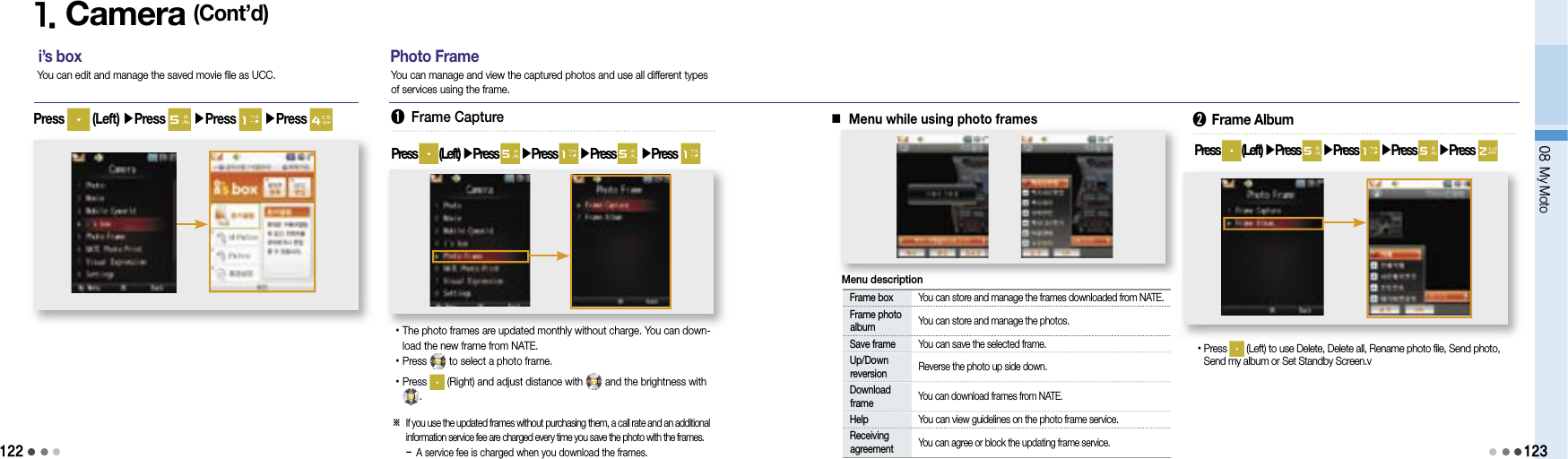 12208 My Motoi’s boxPress   (Left) ▶Press   ▶Press   ▶Press 1. Camera (Cont’d)You can edit and manage the saved movie file as UCC.Photo FrameYou can manage and view the captured photos and use all different types of services using the frame.■ Menu while using photo frames123➋ Frame AlbumPress   (Left) ▶Press   ▶Press   ▶Press   ▶Press  • Press   (Left) to use Delete, Delete all, Rename photo file, Send photo, Send my album or Set Standby Screen.v➊ Frame CapturePress   (Left) ▶Press   ▶Press   ▶Press  ▶Press  • The photo frames are updated monthly without charge. You can down-load the new frame from NATE.• Press   to select a photo frame.• Press   (Right) and adjust distance with   and the brightness with.※  If you use the updated frames without purchasing them, a call rate and an additional information service fee are charged every time you save the photo with the frames.- A service fee is charged when you download the frames.Menu while using photo frames Frame box  You can store and manage the frames downloaded from NATE. Frame photo    album  You can store and manage the photos. Save frame  You can save the selected frame. Up/Down   reversion  Reverse the photo up side down. Download   frame You can download frames from NATE. Help  You can view guidelines on the photo frame service. Receiving   agreement  You can agree or block the updating frame service.Menu description