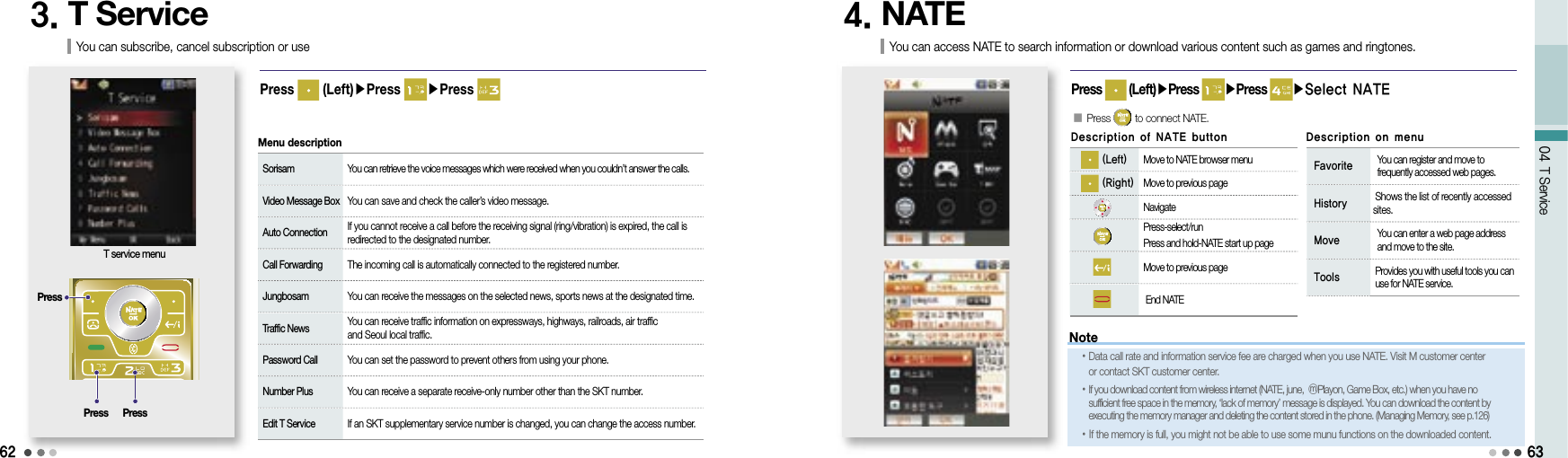 6204 T Service3. T ServiceT service menuPress   (Left)▶Press  ▶Press You can subscribe, cancel subscription or use PressPress Press4. NATEYou can access NATE to search information or download various content such as games and ringtones.Press   (Left)▶Press  ▶Press ▶Select NATE󰥇  Press   to connect NATE.    (Left)  Move to NATE browser menu    (Right)  Move to previous page Navigate  Press-select/run Press and hold-NATE start up page Move to previous page End NATE Favorite   You can register and move to frequently accessed web pages. History  Shows the list of recently accessed sites. Move   You can enter a web page address and move to the site. Tools   Provides you with useful tools you can use for NATE service.Description of NATE button Description on menu63 Sorisam  You can retrieve the voice messages which were received when you couldn’t answer the calls. Video Message Box  You can save and check the caller’s video message. Auto Connection   If you cannot receive a call before the receiving signal (ring/vibration) is expired, the call is redirected to the designated number. Call Forwarding  The incoming call is automatically connected to the registered number. Jungbosam  You can receive the messages on the selected news, sports news at the designated time. Traffic News   You can receive traffic information on expressways, highways, railroads, air traffic and Seoul local traffic. Password Call  You can set the password to prevent others from using your phone. Number Plus  You can receive a separate receive-only number other than the SKT number. Edit T Service  If an SKT supplementary service number is changed, you can change the access number.Menu descriptionNote• Data call rate and information service fee are charged when you use NATE. Visit M customer center or contact SKT customer center.• If you download content from wireless internet (NATE, june, ⓜPlayon, Game Box, etc.) when you have no sufficient free space in the memory, ‘lack of memory’ message is displayed. You can download the content by executing the memory manager and deleting the content stored in the phone. (Managing Memory, see p.126)• If the memory is full, you might not be able to use some munu functions on the downloaded content.