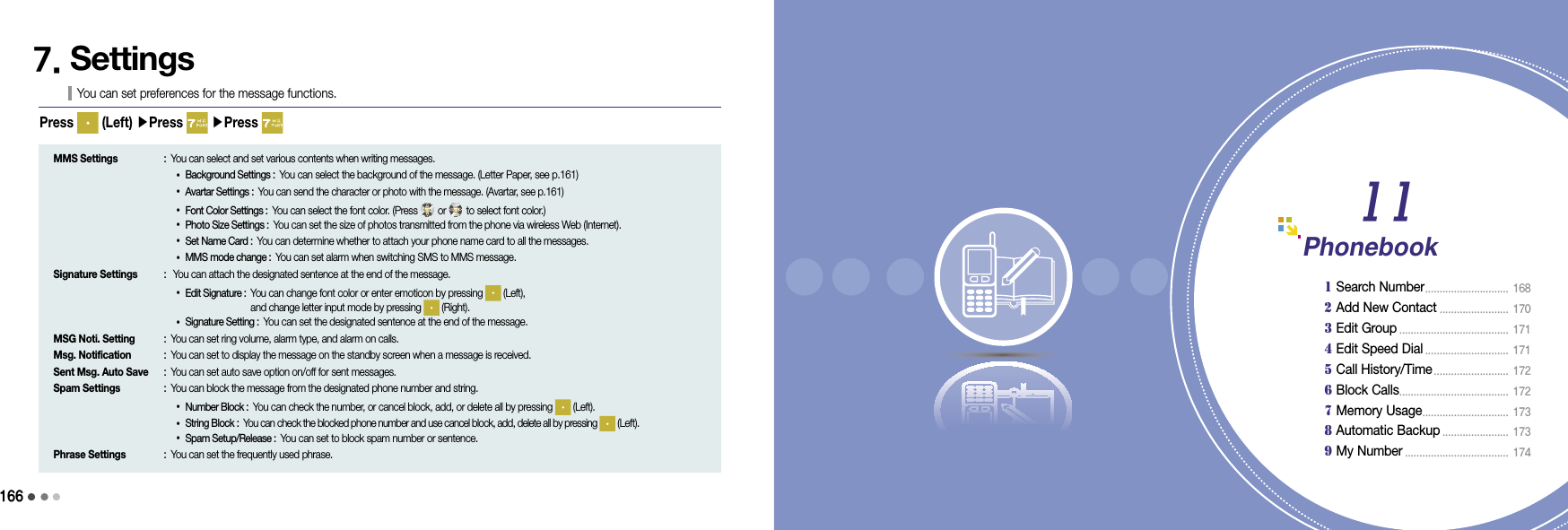 1661677. SettingsYou can set preferences for the message functions.Press   (Left) ▶Press   ▶Press MMS Settings  : You can select and set various contents when writing messages.    •Background Settings : You can select the background of the message. (Letter Paper, see p.161)    •Avartar Settings : You can send the character or photo with the message. (Avartar, see p.161)    • Font Color Settings : You can select the font color. (Press   or   to select font color.)    • Photo Size Settings : You can set the size of photos transmitted from the phone via wireless Web (Internet).    •Set Name Card : You can determine whether to attach your phone name card to all the messages.    •MMS mode change : You can set alarm when switching SMS to MMS message.Signature Settings  :  You can attach the designated sentence at the end of the message.    •Edit Signature :  You can change font color or enter emoticon by pressing   (Left),  and change letter input mode by pressing   (Right).    • Signature Setting : You can set the designated sentence at the end of the message.MSG Noti. Setting   : You can set ring volume, alarm type, and alarm on calls.Msg. Notification   : You can set to display the message on the standby screen when a message is received.Sent Msg. Auto Save   : You can set auto save option on/off for sent messages.Spam Settings   : You can block the message from the designated phone number and string.    •Number Block : You can check the number, or cancel block, add, or delete all by pressing   (Left).    • String Block : You can check the blocked phone number and use cancel block, add, delete all by pressing   (Left).    • Spam Setup/Release : You can set to block spam number or sentence.Phrase Settings   : You can set the frequently used phrase.167Phonebook1 Search Number .............................  1682 Add New Contact ........................  1703 Edit Group ......................................  1714 Edit Speed Dial .............................  1715 Call History/Time ..........................  1726 Block Calls ......................................  1727 Memory Usage .............................. 1738 Automatic Backup .......................  1739 My Number ....................................  17411