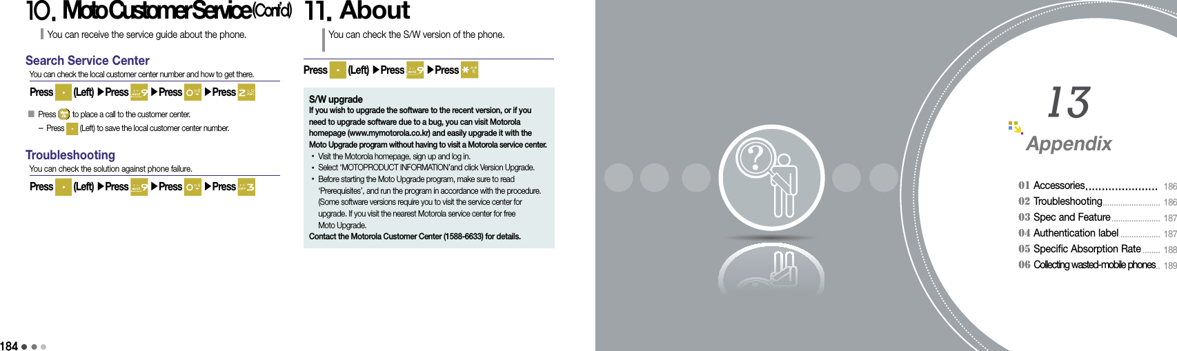 18418510. Moto Customer Service (Cont’d)You can receive the service guide about the phone.Press   (Left) ▶Press   ▶Press   ▶Press 󰥇   Press   to place a call to the customer center. -  Press   (Left) to save the local customer center number.Search Service CenterYou can check the local customer center number and how to get there.Press   (Left) ▶Press   ▶Press   ▶Press TroubleshootingYou can check the solution against phone failure.11. AboutYou can check the S/W version of the phone.Press   (Left) ▶Press   ▶Press S/W upgradeIf you wish to upgrade the software to the recent version, or if you need to upgrade software due to a bug, you can visit Motorola homepage (www.mymotorola.co.kr) and easily upgrade it with the Moto Upgrade program without having to visit a Motorola service center.•Visit the Motorola homepage, sign up and log in.•  Select ‘MOTOPRODUCT INFORMATION’and click Version Upgrade.• Before starting the Moto Upgrade program, make sure to read  ‘Prerequisites’, and run the program in accordance with the procedure. (Some software versions require you to visit the service center for upgrade. If you visit the nearest Motorola service center for free  Moto Upgrade. Contact the Motorola Customer Center (1588-6633) for details.185Appendix01 Accessories ......................  18602 Troubleshooting ..........................  18603 Spec and Feature ......................  18704 Authentication label ..................  187 05 Specific Absorption Rate ........  18806 Collecting wasted-mobile phones ..  18913