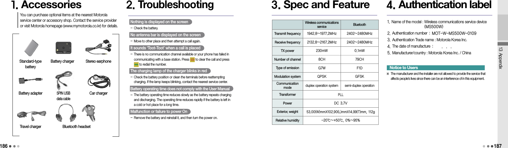 1861. AccessoriesYou can purchase optional items at the nearest Motorola service center or accessory shop. Contact the service provider or visit Motorola homepage (www.mymotorola.co.kr) for details.Standard-type batteryBattery charger Stereo earphoneBattery adapter5PIN USB  data cableCar chargerTravel charger Bluetooth headset2. TroubleshootingNothing is displayed on the screen- Check the battery.No antenna bar is displayed on the screen- Move to other place and then attempt a call again.It sounds ‘Toot-Toot’ when a call is placed-  There is no communication channel available or your phone has failed in communicating with a base station. Press   to clear the call and press to redial the number.The charging lamp of the charger blinks in red-  Check the battery position or clean the terminals before reattempting charging. If the lamp keeps blinking, contact the nearest service center.Battery operating time does not comply with the User Manual-  The battery operating time reduces slowly as the battery repeats charging and discharging. The operating time reduces rapidly if the battery is left in a cold or hot place for a long time.Malfunction or failure to power On- Remove the battery and reinstall it, and then turn the power on.13 Appendix1873. Spec and FeatureWireless communications service BluetoothTransmit frequency 1942.8~1977.2MHz 2402~2480MHzReceive frequency 2132.8~2167.2MHz 2402~2480MHzTX power 230mW 0.1mWNumber of channel 8CH 79CHType of emission G7W F1DModulation system QPSK GFSKCommunication mode duplex operation system semi-duplex operationTransformerPLLPower DC 3.7VExterior, weight53.00(W)mmX102.90(L)mmX14.99(T)mm, 112gRelative humidity -20℃～+50℃, 0%～95%4. Authentication label1. Name of the model :  Wireless communications service device  (MS500W)2. Authentication number : MOT-W-MS500W-01093. Authentication Trade name : Motorola Korea Inc.4. The date of manufacture :     .  .  .5. Manufacturer/country : Motorola Korea Inc. / China  Notice to Users※  The manufacturer and the installer are not allowed to provide the service that affects people’s lives since there can be an interference of in this equipment.