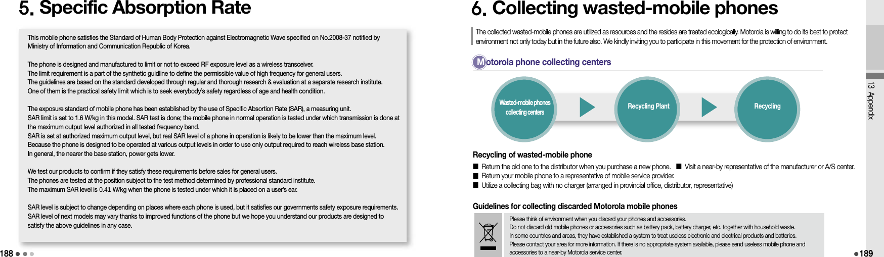 1885. Specific Absorption RateThis mobile phone satisfies the Standard of Human Body Protection against Electromagnetic Wave specified on No.2008-37 notified by Ministry of Information and Communication Republic of Korea.The phone is designed and manufactured to limit or not to exceed RF exposure level as a wireless transceiver.The limit requirement is a part of the synthetic guidline to define the permissible value of high frequency for general users.The guidelines are based on the standard developed through regular and thorough research &amp; evaluation at a separate research institute.One of them is the practical safety limit which is to seek everybody’s safety regardless of age and health condition.The exposure standard of mobile phone has been established by the use of Specific Absortion Rate (SAR), a measuring unit.SAR limit is set to 1.6 W/kg in this model. SAR test is done; the mobile phone in normal operation is tested under which transmission is done at the maximum output level authorized in all tested frequency band.SAR is set at authorized maximum output level, but real SAR level of a phone in operation is likely to be lower than the maximum level.Because the phone is designed to be operated at various output levels in order to use only output required to reach wireless base station.In general, the nearer the base station, power gets lower.We test our products to confirm if they satisfy these requirements before sales for general users.The phones are tested at the position subject to the test method determined by professional standard institute.The maximum SAR level is 0.41 W/kg when the phone is tested under which it is placed on a user’s ear.SAR level is subject to change depending on places where each phone is used, but it satisfies our governments safety exposure requirements. SAR level of next models may vary thanks to improved functions of the phone but we hope you understand our products are designed to satisfy the above guidelines in any case.13 Appendix1896. Collecting wasted-mobile phonesThe collected wasted-mobile phones are utilized as resources and the resides are treated ecologically. Motorola is willing to do its best to protect environment not only today but in the future also. We kindly inviting you to participate in this movement for the protection of environment.M otorola phone collecting centers▶ ▶Wasted-mobile phones collecting centersRecycling Plant RecyclingRecycling of wasted-mobile phone▒ Return the old one to the distributor when you purchase a new phone.  ▒ Visit a near-by representative of the manufacturer or A/S center.▒ Return your mobile phone to a representative of mobile service provider.  ▒ Utilize a collecting bag with no charger (arranged in provincial office, distributor, representative)Guidelines for collecting discarded Motorola mobile phonesPlease think of environment when you discard your phones and accessories.Do not discard old mobile phones or accessories such as battery pack, battery charger, etc. together with household waste.In some countries and areas, they have established a system to treat useless electronic and electrical products and batteries.Please contact your area for more information. If there is no appropriate system available, please send useless mobile phone and accessories to a near-by Motorola service center.