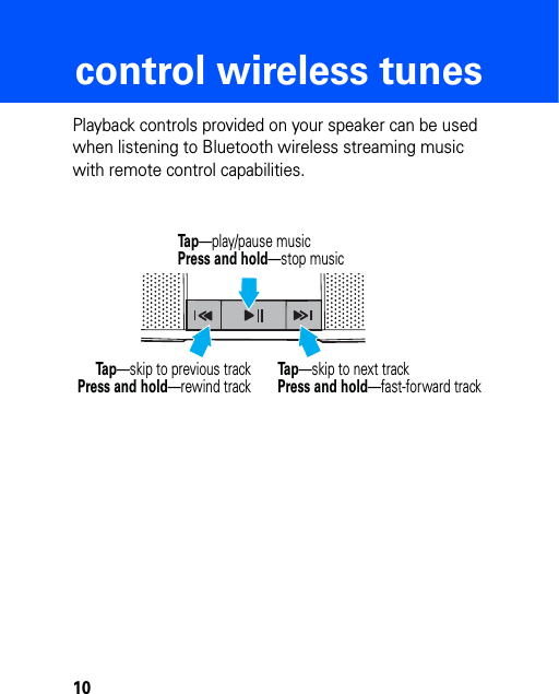 10control wireless tunescontrol wireless tunesPlayback controls provided on your speaker can be used when listening to Bluetooth wireless streaming music with remote control capabilities. Tap—skip to previous trackPress and hold—rewind trackTap—skip to next trackPress and hold—fast-forward trackTap—play/pause musicPress and hold—stop music