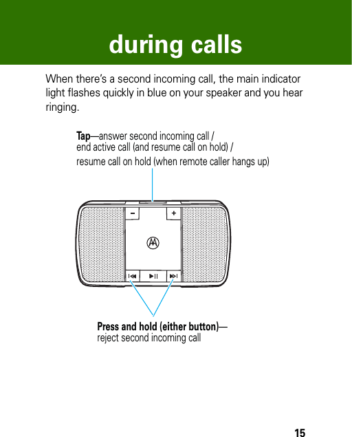 15during callsWhen there’s a second incoming call, the main indicator light flashes quickly in blue on your speaker and you hear ringing.Tap—answer second incoming call / end active call (and resume call on hold) /resume call on hold (when remote caller hangs up)Press and hold (either button)—reject second incoming call