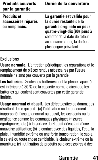 Garantie41ExclusionsUsure normale.  L&apos;entretien périodique, les réparations et le remplacement de pièces rendus nécessaires par l&apos;usure normale ne sont pas couverts par la garantie.Les batteries.  Seules les batteries dont la pleine capacité est inférieure à 80 % de la capacité normale ainsi que les batteries qui coulent sont couvertes par cette garantie limitée.Usage anormal et abusif.  Les défectuosités ou dommages résultant de ce qui suit : (a) l&apos;utilisation ou le rangement inapproprié, l&apos;usage anormal ou abusif, les accidents ou la négligence comme les dommages physiques (fissures, égratignures, etc.) à la surface du Produit découlant d&apos;une mauvaise utilisation; (b) le contact avec des liquides, l&apos;eau, la pluie, l&apos;humidité extrême ou une forte transpiration, le sable, la saleté ou toute chose semblable, la chaleur extrême ou la nourriture; (c) l&apos;utilisation de produits ou d&apos;accessoires à des Produits et accessoires réparés ou remplacés.La garantie est valide pour la durée restante de la garantie originale ou pour quatre-vingt-dix (90) jours à compter de la date de retour au consommateur, la durée la plus longue prévalant.Produits couverts par la garantie Durée de la couverture