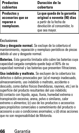 66GarantíaExclusionesUso y desgaste normal. Se excluye de la cobertura el mantenimiento, reparación y reemplazo periódicos de piezas debido al uso y desgaste normal.Baterías. Esta garantía limitada sólo cubre las baterías cuya capacidad cargada completa quede bajo el 80% de su capacidad nominal y las baterías que presenten filtraciones.Uso indebido y maltrato. Se excluyen de la cobertura los defectos o daños provocados por: (a) el manejo inadecuado, almacenamiento, uso indebido o maltrato, accidente o descuido, como daños físicos (hendiduras, rayones, etc.) en la superficie del producto resultantes del uso indebido; (b) contacto con líquido, agua, lluvia, humedad extrema o transpiración excesiva, arena, polvo o similares, calor extremo o alimentos; (c) uso de los productos o accesorios para propósitos comerciales o sometimiento del producto o accesorio a uso o condiciones anormales; u (d) otras acciones que no son responsabilidad de Motorola.Productos y accesorios que se reparan o reemplazan.Lo que queda de la garantía original o noventa (90) días a partir de la fecha de devolución al consumidor, lo que sea mayor.Productos cubiertos Duración de la cobertura