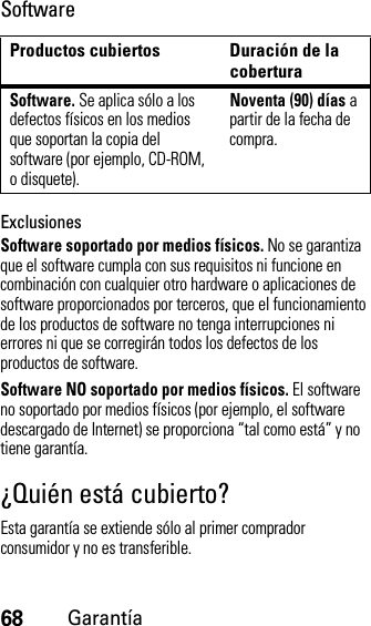 68GarantíaSoftwareExclusionesSoftware soportado por medios físicos. No se garantiza que el software cumpla con sus requisitos ni funcione en combinación con cualquier otro hardware o aplicaciones de software proporcionados por terceros, que el funcionamiento de los productos de software no tenga interrupciones ni errores ni que se corregirán todos los defectos de los productos de software.Software NO soportado por medios físicos. El software no soportado por medios físicos (por ejemplo, el software descargado de Internet) se proporciona “tal como está” y no tiene garantía.¿Quién está cubierto?Esta garantía se extiende sólo al primer comprador consumidor y no es transferible.Productos cubiertos Duración de la coberturaSoftware. Se aplica sólo a los defectos físicos en los medios que soportan la copia del software (por ejemplo, CD-ROM, o disquete).Noventa (90) días a partir de la fecha de compra.