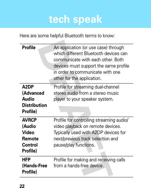 22tech speaktech speakHere are some helpful Bluetooth terms to know:ProfileAn application (or use case) through which different Bluetooth devices can communicate with each other. Both devices must support the same profile in order to communicate with one other for the application.A2DP (Advanced Audio Distribution Profile)Profile for streaming dual-channel stereo audio from a stereo music player to your speaker system.AVRCP (Audio Video Remote Control Profile)Profile for controlling streaming audio/video playback on remote devices. Typically used with A2DP devices for next/previous track selection and pause/play functions.HFP (Hands-Free Profile)Profile for making and receiving calls from a hands-free device.