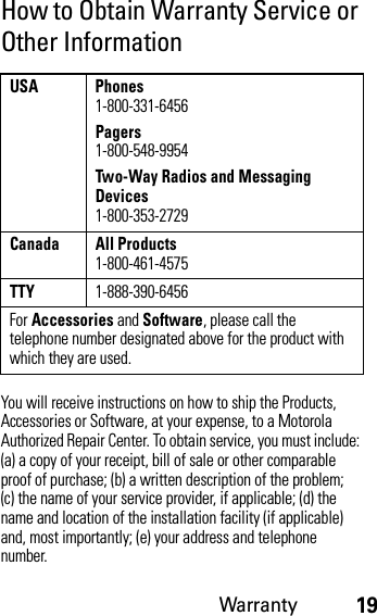 Warranty19How to Obtain Warranty Service or Other InformationYou will receive instructions on how to ship the Products, Accessories or Software, at your expense, to a Motorola Authorized Repair Center. To obtain service, you must include: (a) a copy of your receipt, bill of sale or other comparable proof of purchase; (b) a written description of the problem; (c) the name of your service provider, if applicable; (d) the name and location of the installation facility (if applicable) and, most importantly; (e) your address and telephone number.USA Phones1-800-331-6456Pagers1-800-548-9954Two-Way Radios and Messaging Devices1-800-353-2729Canada All Products1-800-461-4575TTY1-888-390-6456For Accessories and Software, please call the telephone number designated above for the product with which they are used.