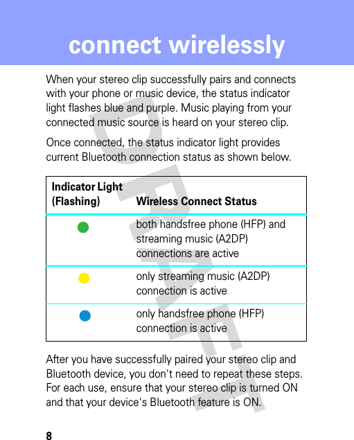 8connect wirelesslyWhen your stereo clip successfully pairs and connects with your phone or music device, the status indicator light flashes blue and purple. Music playing from your connected music source is heard on your stereo clip.Once connected, the status indicator light provides current Bluetooth connection status as shown below.After you have successfully paired your stereo clip and Bluetooth device, you don&apos;t need to repeat these steps. For each use, ensure that your stereo clip is turned ON and that your device&apos;s Bluetooth feature is ON.Indicator Light (Flashing) Wireless Connect Statusboth handsfree phone (HFP) and streaming music (A2DP) connections are activeonly streaming music (A2DP) connection is activeonly handsfree phone (HFP) connection is active