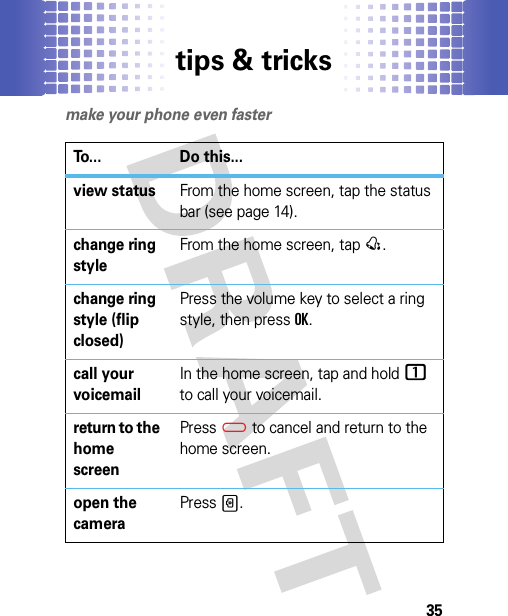 tips &amp; tricks35tips &amp; tricksmake your phone even fasterTo... Do this...view statusFrom the home screen, tap the status bar (see page 14).change ring styleFrom the home screen, tap @.change ring style (flip closed)Press the volume key to select a ring style, then press OK.call your voicemailIn the home screen, tap and hold 1 to call your voicemail.return to the home screenPress(to cancel and return to the home screen.open the cameraPressS.