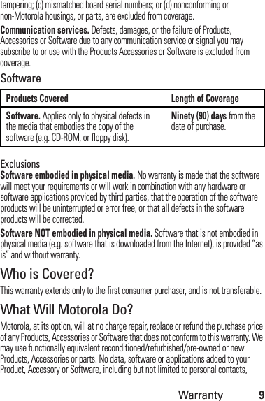 Warranty9tampering; (c) mismatched board serial numbers; or (d) nonconforming or non-Motorola housings, or parts, are excluded from coverage.Communication services. Defects, damages, or the failure of Products, Accessories or Software due to any communication service or signal you may subscribe to or use with the Products Accessories or Software is excluded from coverage.SoftwareExclusionsSoftware embodied in physical media. No warranty is made that the software will meet your requirements or will work in combination with any hardware or software applications provided by third parties, that the operation of the software products will be uninterrupted or error free, or that all defects in the software products will be corrected.Software NOT embodied in physical media. Software that is not embodied in physical media (e.g. software that is downloaded from the Internet), is provided “as is” and without warranty.Who is Covered?This warranty extends only to the first consumer purchaser, and is not transferable.What Will Motorola Do?Motorola, at its option, will at no charge repair, replace or refund the purchase price of any Products, Accessories or Software that does not conform to this warranty. We may use functionally equivalent reconditioned/refurbished/pre-owned or new Products, Accessories or parts. No data, software or applications added to your Product, Accessory or Software, including but not limited to personal contacts, Products Covered Length of CoverageSoftware. Applies only to physical defects in the media that embodies the copy of the software (e.g. CD-ROM, or floppy disk).Ninety (90) days from the date of purchase.