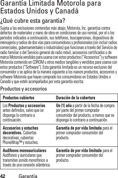 42GarantíaGarantía Limitada Motorola para Estados Unidos y CanadáGarantía¿Qué cubre esta garantía?Sujeta a las exclusiones contenidas más abajo, Motorola, Inc. garantiza contra defectos de materiales y mano de obra en condiciones de uso normal, por el o los períodos indicados a continuación, sus teléfonos, buscapersonas, dispositivos de mensajería y radios de dos vías para consumidores y profesionales (sin incluir radios comerciales, gubernamentales o industriales) que funcionan a través del Servicio de radio familiar o del Servicio general de radio móvil, accesorios certificados o de marca Motorola vendidos para usarse con estos productos (“Accesorios”) y software Motorola contenido en CDROM u otros medios tangibles y vendidos para usarse con estos productos (“Software”). Esta garantía limitada es un recurso exclusivo del consumidor y se aplica de la manera siguiente a los nuevos productos, accesorios y software Motorola que hayan comprado los consumidores en Estados Unidos o Canadá y que estén acompañados por esta garantía escrita:Productos y accesoriosProductos cubiertos Duración de la coberturaLos Productos y accesorios antes definidos, salvo que se disponga lo contrario a continuación.Un (1) año a partir de la fecha de compra por parte del primer comprador consumidor del producto, a menos que se disponga lo contrario a continuación.Accesorios y estuches decorativos. Cubiertas decorativas, cubiertas PhoneWrap™ y estuches.Garantía de por vida limitada para el primer comprador consumidor del producto.Audífonos monoauriculares Audífonos y auriculares que transmiten sonido monofónico a través de una conexión alámbrica.Garantía de por vida limitada para el primer comprador consumidor del producto.