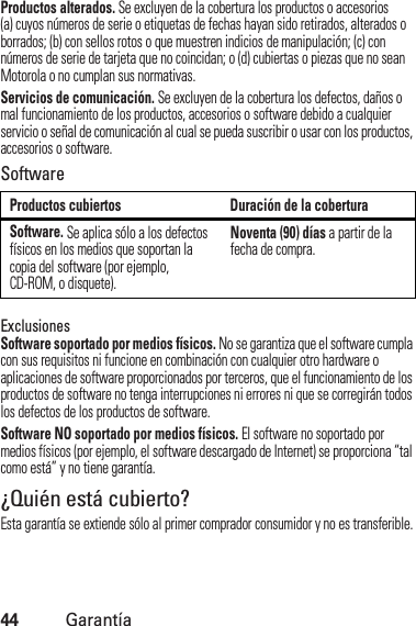 44GarantíaProductos alterados. Se excluyen de la cobertura los productos o accesorios (a) cuyos números de serie o etiquetas de fechas hayan sido retirados, alterados o borrados; (b) con sellos rotos o que muestren indicios de manipulación; (c) con números de serie de tarjeta que no coincidan; o (d) cubiertas o piezas que no sean Motorola o no cumplan sus normativas.Servicios de comunicación. Se excluyen de la cobertura los defectos, daños o mal funcionamiento de los productos, accesorios o software debido a cualquier servicio o señal de comunicación al cual se pueda suscribir o usar con los productos, accesorios o software.SoftwareExclusionesSoftware soportado por medios físicos. No se garantiza que el software cumpla con sus requisitos ni funcione en combinación con cualquier otro hardware o aplicaciones de software proporcionados por terceros, que el funcionamiento de los productos de software no tenga interrupciones ni errores ni que se corregirán todos los defectos de los productos de software.Software NO soportado por medios físicos. El software no soportado por medios físicos (por ejemplo, el software descargado de Internet) se proporciona “tal como está” y no tiene garantía.¿Quién está cubierto?Esta garantía se extiende sólo al primer comprador consumidor y no es transferible.Productos cubiertos Duración de la coberturaSoftware. Se aplica sólo a los defectos físicos en los medios que soportan la copia del software (por ejemplo, CD-ROM, o disquete).Noventa (90) días a partir de la fecha de compra.