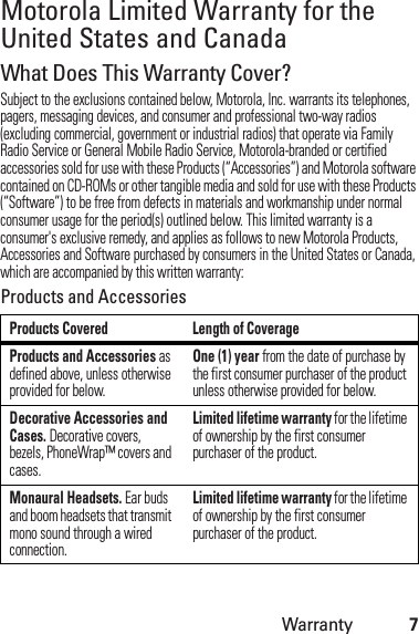 Warranty7Motorola Limited Warranty for the United States and CanadaWa rr a n tyWhat Does This Warranty Cover?Subject to the exclusions contained below, Motorola, Inc. warrants its telephones, pagers, messaging devices, and consumer and professional two-way radios (excluding commercial, government or industrial radios) that operate via Family Radio Service or General Mobile Radio Service, Motorola-branded or certified accessories sold for use with these Products (“Accessories”) and Motorola software contained on CD-ROMs or other tangible media and sold for use with these Products (“Software”) to be free from defects in materials and workmanship under normal consumer usage for the period(s) outlined below. This limited warranty is a consumer&apos;s exclusive remedy, and applies as follows to new Motorola Products, Accessories and Software purchased by consumers in the United States or Canada, which are accompanied by this written warranty:Products and AccessoriesProducts Covered Length of CoverageProducts and Accessories as defined above, unless otherwise provided for below.One (1) year from the date of purchase by the first consumer purchaser of the product unless otherwise provided for below.Decorative Accessories and Cases. Decorative covers, bezels, PhoneWrap™ covers and cases.Limited lifetime warranty for the lifetime of ownership by the first consumer purchaser of the product.Monaural Headsets. Ear buds and boom headsets that transmit mono sound through a wired connection.Limited lifetime warranty for the lifetime of ownership by the first consumer purchaser of the product.