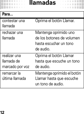 llamadas12llamadasPara...contestar una llamadaOprima el botón Llamar.rechazar una llamadaMantenga oprimido uno de los botones de volumen hasta escuchar un tono de audio.realizar una llamada de marcado por vozOprima el botón Llamar hasta que escuche un tono de audio.remarcar la última llamadaMantenga oprimido el botón Llamar hasta que escuche un tono de audio. 