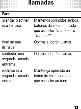 llamadas13silenciar o activar una llamadaMantenga oprimidos ambos botones de volumen hasta que escuche “mute on” o “mute off”.finalizar una llamadaOprima el botón Llamar. contestar una segunda llamada entranteOprima el botón Llamar.rechazar una segunda llamada entranteMantenga oprimido un botón de volumen hasta que escuche un tono.Para...