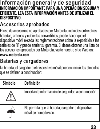 23Información general y de seguridadInfor maci ón de seguri dadINFORMACIÓN IMPORTANTE PARA UNA OPERACIÓN SEGURA Y EFICIENTE. LEA ESTA INFORMACIÓN ANTES DE UTILIZAR EL DISPOSITIVO.Accesorios aprobadosEl uso de accesorios no aprobados por Motorola, incluidos entre otros, baterías, antenas y cubiertas convertibles, puede hacer que el dispositivo móvil exceda las reglamentaciones sobre la exposición a las señales de RF y puede anular su garantía. Si desea obtener una lista de los accesorios aprobados por Motorola, visite nuestro sitio Web en: www.motorola.com.Baterías y cargadoresLa batería, el cargador o el dispositivo móvil pueden incluir los símbolos que se definen a continuación:Símbolo DefiniciónImportante información de seguridad a continuación.No permita que la batería, cargador o dispositivo móvil se humedezcan.032374o