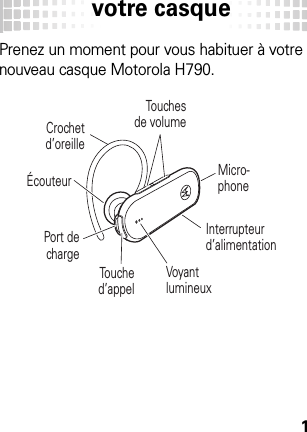 votre casque1votre cas quePrenez un moment pour vous habituer à votre nouveau casque Motorola H790.Crochet d’oreillePort de chargeTouchesde volumeTouche d’appelInterrupteur d’alimentationÉcouteurVoyant lumineuxMicro-phone