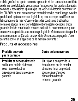 29mobile général (ci-après nommés « produits »), les accessoires certifiés ou de marque Motorola vendus pour l’usage avec les produits (ci-après nommés « accessoires ») ainsi que les logiciels Motorola contenus sur les CD-ROM ou tout autre support matériel vendus pour l’usage avec les produits (ci-après nommés « logiciels »), sont exempts de défauts de fabrication ou de main-d’œuvre dans des conditions d’utilisation normales et pour la(les) période(s) mentionnée(s) ci-dessous. Cette garantie limitée constitue le recours exclusif du consommateur quant aux nouveaux produits, accessoires et logiciels Motorola achetés par les consommateurs au Canada ou aux États-Unis et accompagnés d’une garantie écrite, et s’applique de la manière suivante :Produits et accessoiresProduits couvertspar la garantie Durée de la couvertureProduits et accessoires tels qu’ils sont définis ci-dessus, sous réserve d’autres dispositions dans la présente garantie.Un (1) an à compter de la date d’achat par le premier utilisateur final du produit, sous réserve d’autres dispositions dans la présente garantie.