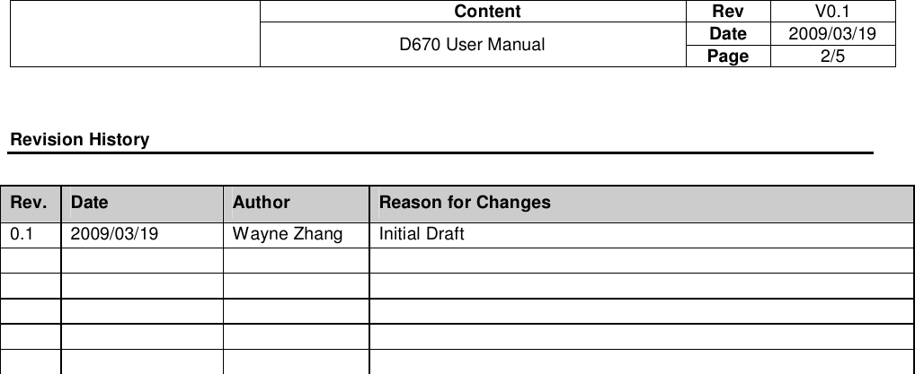                                       Content  Rev  V0.1 Date  2009/03/19  D670 User Manual  Page  2/5   Revision History  Rev.  Date  Author  Reason for Changes 0.1  2009/03/19  Wayne Zhang  Initial Draft                                                                       