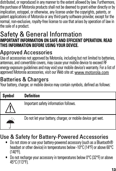 13distributed, or reproduced in any manner to the extent allowed by law. Furthermore, the purchase of Motorola products shall not be deemed to grant either directly or by implication, estoppel, or otherwise, any license under the copyrights, patents, or patent applications of Motorola or any third-party software provider, except for the normal, non-exclusive, royalty-free license to use that arises by operation of law in the sale of a product.Safety &amp; General InformationSafety InformationIMPORTANT INFORMATION ON SAFE AND EFFICIENT OPERATION. READ THIS INFORMATION BEFORE USING YOUR DEVICE.Approved AccessoriesUse of accessories not approved by Motorola, including but not limited to batteries, antennas, and convertible covers, may cause your mobile device to exceed RF energy exposure guidelines and may void your mobile device’s warranty. For a list of approved Motorola accessories, visit our Web site at: www.motorola.comBatteries &amp; ChargersYour battery, charger, or mobile device may contain symbols, defined as follows:Use &amp; Safety for Battery-Powered Accessories•Do not store or use your battery-powered accessory (such as a Bluetooth® headset or other device) in temperatures below -10°C (14°F) or above 60°C (140°F).•Do not recharge your accessory in temperatures below 0°C (32°F) or above 45°C (113°F).Symbol DefinitionImportant safety information follows.Do not let your battery, charger, or mobile device get wet.032374o