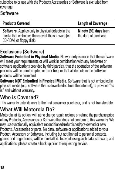 18subscribe to or use with the Products Accessories or Software is excluded from coverage.SoftwareExclusions (Software)Software Embodied in Physical Media. No warranty is made that the software will meet your requirements or will work in combination with any hardware or software applications provided by third parties, that the operation of the software products will be uninterrupted or error free, or that all defects in the software products will be corrected.Software NOT Embodied in Physical Media. Software that is not embodied in physical media (e.g. software that is downloaded from the Internet), is provided “as is” and without warranty.Who is Covered?This warranty extends only to the first consumer purchaser, and is not transferable.What Will Motorola Do?Motorola, at its option, will at no charge repair, replace or refund the purchase price of any Products, Accessories or Software that does not conform to this warranty. We may use functionally equivalent reconditioned/refurbished/pre-owned or new Products, Accessories or parts. No data, software or applications added to your Product, Accessory or Software, including but not limited to personal contacts, games and ringer tones, will be reinstalled. To avoid losing such data, software, and applications, please create a back up prior to requesting service.Products Covered Length of CoverageSoftware. Applies only to physical defects in the media that embodies the copy of the software (e.g. CD-ROM, or floppy disk).Ninety (90) days from the date of purchase.