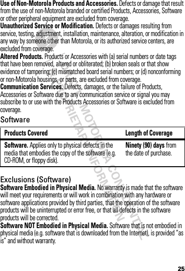 DRAFT - MOTOROLA CONFIDENTIAL&amp; PROPRIETARY INFORMATION25Use of Non-Motorola Products and Accessories. Defects or damage that result from the use of non-Motorola branded or certified Products, Accessories, Software or other peripheral equipment are excluded from coverage.Unauthorized Service or Modification. Defects or damages resulting from service, testing, adjustment, installation, maintenance, alteration, or modification in any way by someone other than Motorola, or its authorized service centers, are excluded from coverage.Altered Products. Products or Accessories with (a) serial numbers or date tags that have been removed, altered or obliterated; (b) broken seals or that show evidence of tampering; (c) mismatched board serial numbers; or (d) nonconforming or non-Motorola housings, or parts, are excluded from coverage.Communication Services. Defects, damages, or the failure of Products, Accessories or Software due to any communication service or signal you may subscribe to or use with the Products Accessories or Software is excluded from coverage.SoftwareExclusions (Software)Software Embodied in Physical Media. No warranty is made that the software will meet your requirements or will work in combination with any hardware or software applications provided by third parties, that the operation of the software products will be uninterrupted or error free, or that all defects in the software products will be corrected.Software NOT Embodied in Physical Media. Software that is not embodied in physical media (e.g. software that is downloaded from the Internet), is provided “as is” and without warranty.Products Covered Length of CoverageSoftware. Applies only to physical defects in the media that embodies the copy of the software (e.g. CD-ROM, or floppy disk).Ninety (90) days from the date of purchase.