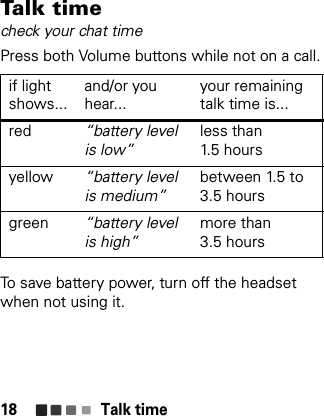 Talk time18Tal k  ti m echeck your chat timePress both Volume buttons while not on a call.To save battery power, turn off the headset when not using it.if light shows...and/or you hear...your remaining talk time is...red “battery level is low”less than 1.5 hoursyellow “battery level is medium”between 1.5 to 3.5 hoursgreen “battery level is high”more than 3.5 hours