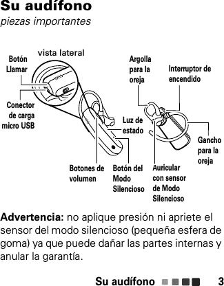 Su audífono 3Su audífonopiezas importantesAdvertencia: no aplique presión ni apriete el sensor del modo silencioso (pequeña esfera de goma) ya que puede dañar las partes internas y anular la garantía.Ganchopara laorejaArgollapara laorejaConector de cargamicro USBBotones de volumenBotónLlamarLuz de estadoBotón del ModoSilenciosoAuricularcon sensor de Modo SilenciosoInterruptor de encendidovista lateral