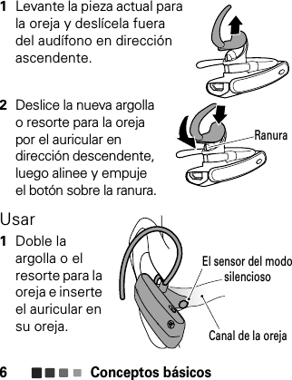 Conceptos básicos6  1Levante la pieza actual para la oreja y deslícela fuera del audífono en dirección ascendente.2Deslice la nueva argolla o resorte para la oreja por el auricular en dirección descendente, luego alinee y empuje el botón sobre la ranura.Usar  1Doble la argolla o el resorte para la oreja e inserte el auricular en su oreja.RanuraCanal de la orejaEl sensor del modo         silencioso