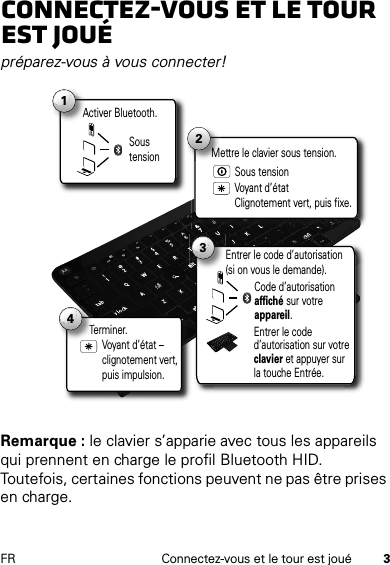 3FR Connectez-vous et le tour est jouéConnectez-vous et le tour est jouépréparez-vous à vous connecter!Remarque : le clavier s’apparie avec tous les appareils qui prennent en charge le profil Bluetooth HID. Toutefois, certaines fonctions peuvent ne pas être prises en charge.Activer Bluetooth.A1Sous tension2Voyant d’état Clignotement vert, puis fixe.Mettre le clavier sous tension.Sous tension3Code d’autorisation affiché sur votre appareil.Entrer le code d’autorisation (si on vous le demande).Entrer le code d’autorisation sur votre clavier et appuyer sur la touche Entrée.Terminer.T4Voyant d’état – clignotement vert, puis impulsion.