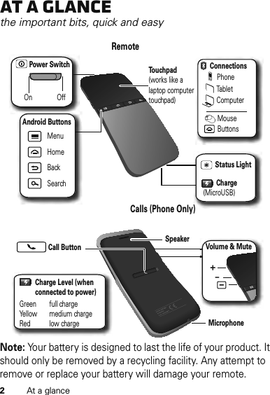 2At a glanceAt a glancethe important bits, quick and easyNote: Your battery is designed to last the life of your product. It should only be removed by a recycling facility. Any attempt to remove or replace your battery will damage your remote.MenuHomeBackSearchCall ButtonMicrophoneSpeakerRemoteCalls (Phone Only)Android ButtonsTouchpad(works like a laptop computer touchpad)Power SwitchCharge  (MicroUSB)On OffStatus LightVolume &amp; Mute+-PhoneTabletComputerConnectionsMouseButtonsGreen   full chargeYellow   medium chargeRed    low chargeCharge Level (when connected to power)