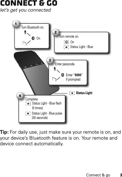 3Connect &amp; goConnect &amp; golet’s get you connectedTip: For daily use, just make sure your remote is on, and your device’s Bluetooth feature is on. Your remote and device connect automatically.Turn Bluetooth on.T1On2Status Light - BlueTurn remote on.On3Enter “0000” if promptedEnter passcode.Complete.C4Status Light - Blue flash (5 times)Status Light - Blue pulse (30 seconds)Status Light