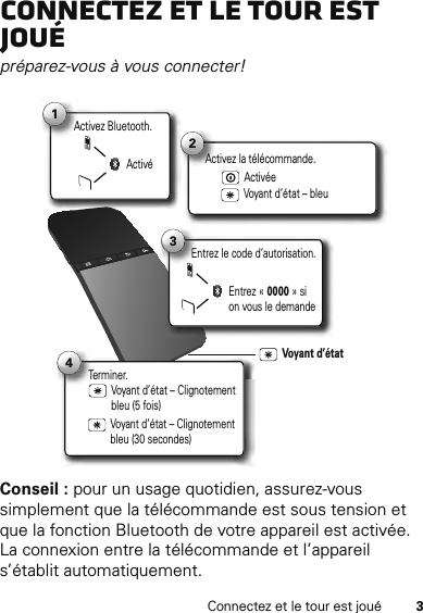 3Connectez et le tour est jouéConnectez et le tour est jouépréparez-vous à vous connecter!Conseil : pour un usage quotidien, assurez-vous simplement que la télécommande est sous tension et que la fonction Bluetooth de votre appareil est activée. La connexion entre la télécommande et l’appareil s’établit automatiquement.Activez Bluetooth.A1Activé2Voyant d’état – bleuActivez la télécommande.Activée3Entrez « 0000 » si on vous le demandeEntrez le code d’autorisation.Terminer.T4Voyant d’état – Clignotement bleu (5 fois)Voyant d’état – Clignotement bleu (30 secondes)Voyant d’état