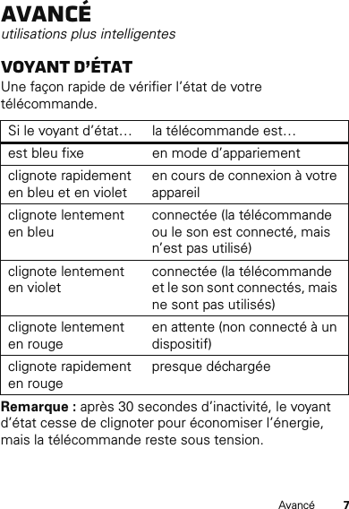 7AvancéAvancéutilisations plus intelligentesVoyant d’étatUne façon rapide de vérifier l’état de votre télécommande.Remarque : après 30 secondes d’inactivité, le voyant d’état cesse de clignoter pour économiser l’énergie, mais la télécommande reste sous tension.Si le voyant d’état… la télécommande est…est bleu fixe en mode d’appariementclignote rapidement en bleu et en violeten cours de connexion à votre appareilclignote lentement en bleuconnectée (la télécommande ou le son est connecté, mais n’est pas utilisé)clignote lentement en violetconnectée (la télécommande et le son sont connectés, mais ne sont pas utilisés)clignote lentement en rougeen attente (non connecté à un dispositif)clignote rapidement en rougepresque déchargée