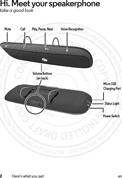 2Here’s what you get enHi. Meet your speakerphonetake a good lookCall   Volume Buttons(on back) Mute  Play, Pause, Next Voice Recognition   Power SwitchStatus LightMicro USB Charging Port15 Jul 2013