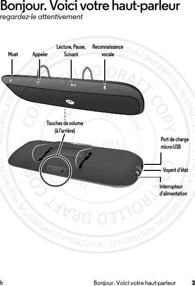 3fr Bonjour. Voici votre haut-parleurBonjour. Voici votre haut-parleurregardez-le attentivementAppelerTouches de volume (à l’arrière)Muet Lecture, Pause, Suivant Reconnaissance vocaleInterrupteur d’alimentationVoyant d’étatPort de charge micro-USB15 Jul 2013