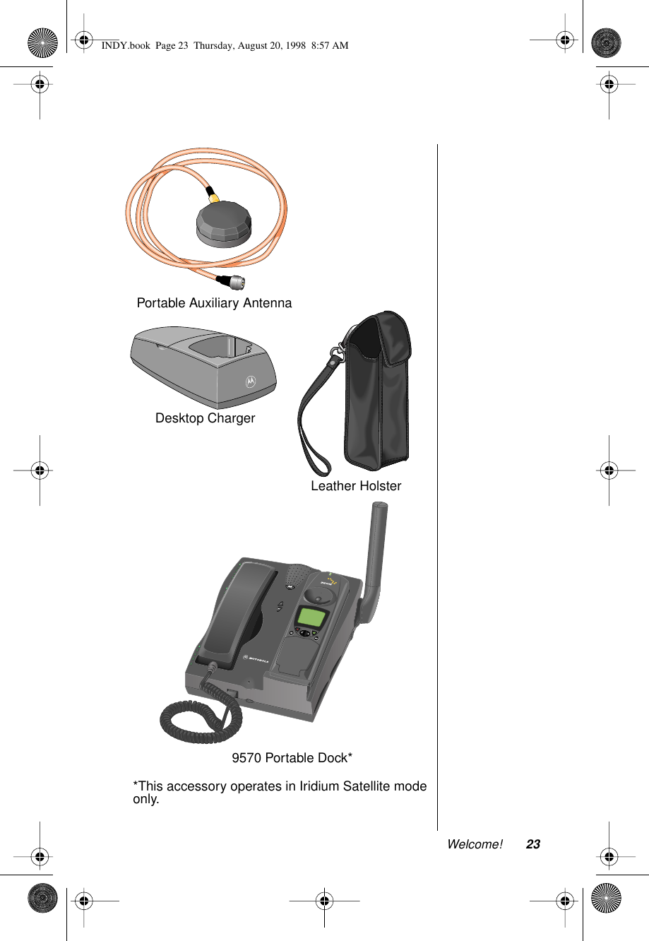 Welcome! 23Portable Auxiliary AntennaLeather HolsterDesktop Charger 9570 Portable Dock**This accessory operates in Iridium Satellite modeonly.INDY.book  Page 23  Thursday, August 20, 1998  8:57 AM