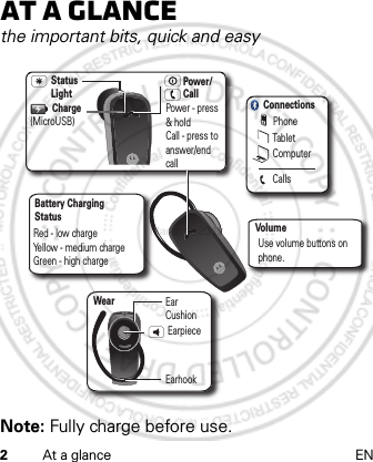 2At a glance ENAt a glancethe important bits, quick and easyNote: Fully charge before use.Power/Call Power - press &amp; holdCall - press to answer/end callCharge(MicroUSB)EarhookVolumeStatus LightEarpiecePhoneTabletComputerConnectionsWearCallsEar CushionUse volume buttons on phone.Battery Charging StatusRed - low chargeYellow - medium chargeGreen - high chargeMarch 1, 2012