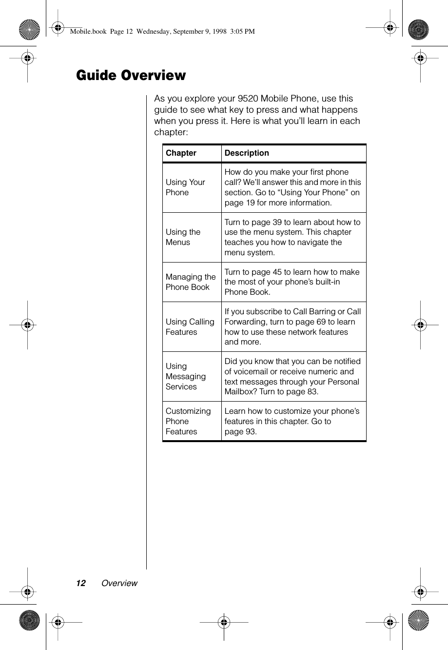  12 Overview Guide Overview As you explore your 9520 Mobile Phone, use this guide to see what key to press and what happens when you press it. Here is what you’ll learn in each chapter: Chapter Description Using Your PhoneHow do you make your ﬁrst phone call? We’ll answer this and more in this section. Go to “Using Your Phone” on page 19 for more information. Using the MenusTurn to page 39 to learn about how to use the menu system. This chapter teaches you how to navigate the menu system.Managing the Phone BookTurn to page 45 to learn how to make the most of your phone’s built-in Phone Book.Using Calling FeaturesIf you subscribe to Call Barring or Call Forwarding, turn to page 69 to learn how to use these network features and more.Using Messaging ServicesDid you know that you can be notiﬁed of voicemail or receive numeric and text messages through your Personal Mailbox? Turn to page 83.Customizing Phone FeaturesLearn how to customize your phone’s features in this chapter. Go to page 93. Mobile.book  Page 12  Wednesday, September 9, 1998  3:05 PM