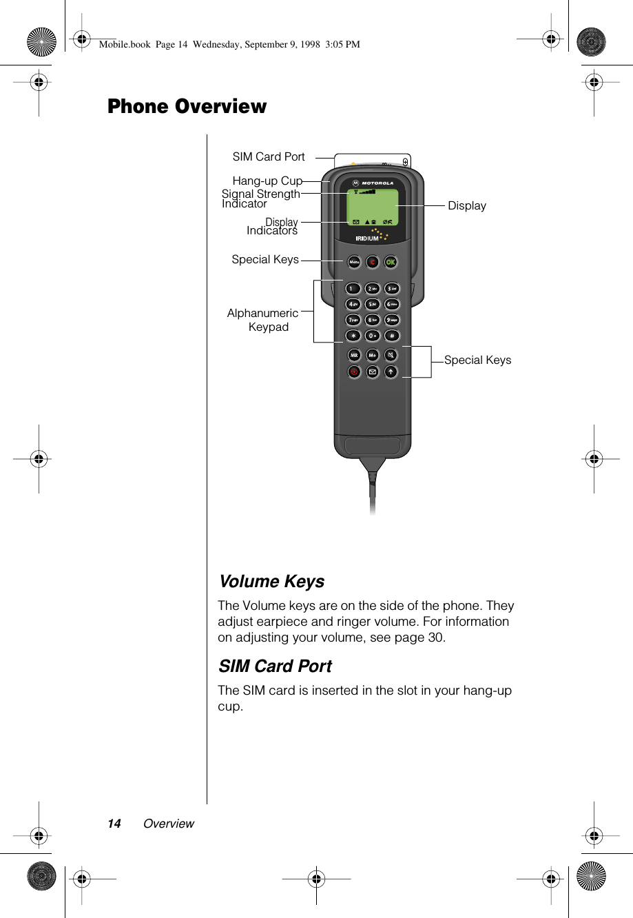  14 Overview Phone Overview Volume Keys The Volume keys are on the side of the phone. They adjust earpiece and ringer volume. For information on adjusting your volume, see page 30. SIM Card Port The SIM card is inserted in the slot in your hang-up cup.89 8816911200000316 8C160S – MF&lt;&lt;      IRIDIUM / GSM1900 Test SIMr x           o    l n     mkDisplaySpecial KeysSpecial KeysSignal StrengthIndicatorDisplayIndicatorsAlphanumericKeypadSIM Card PortHang-up Cup Mobile.book  Page 14  Wednesday, September 9, 1998  3:05 PM