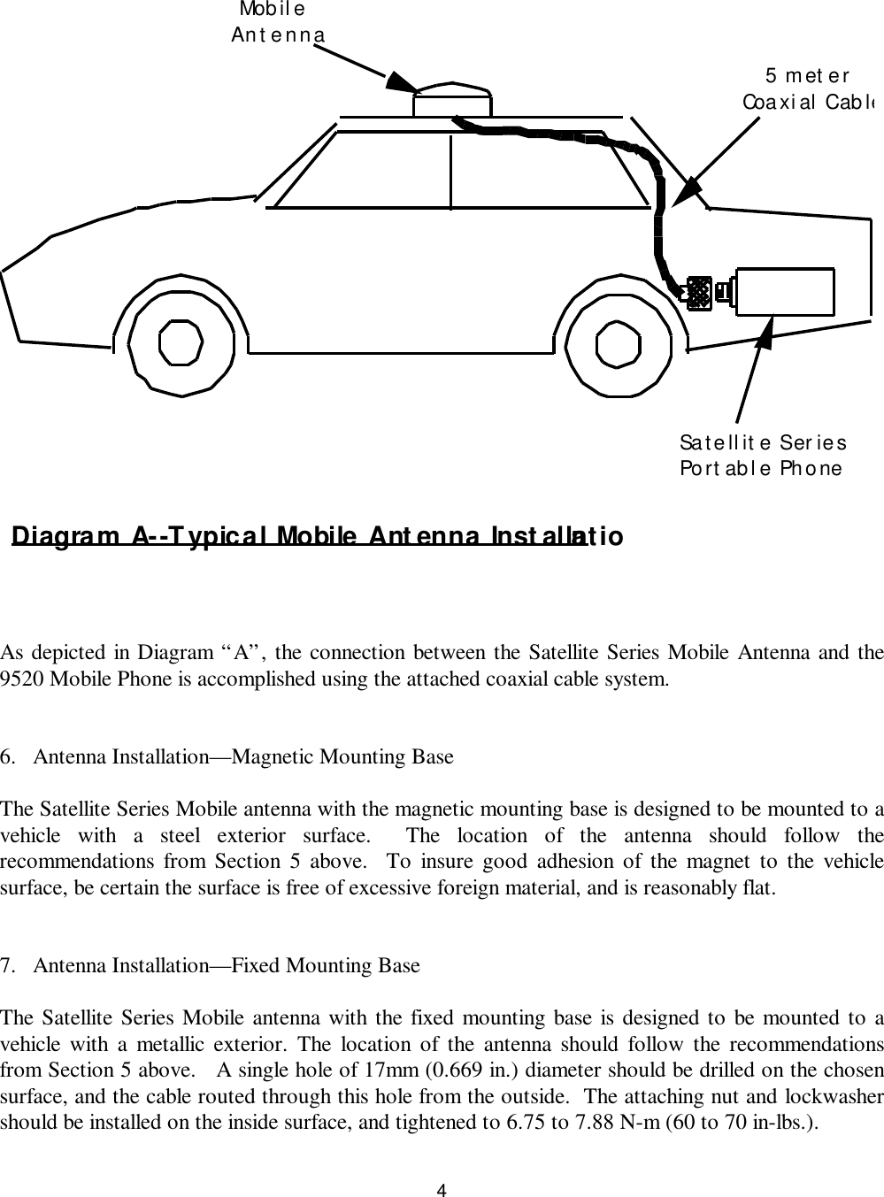 4As depicted in Diagram “A”, the connection between the Satellite Series Mobile Antenna and the9520 Mobile Phone is accomplished using the attached coaxial cable system.6. Antenna Installation—Magnetic Mounting Base  The Satellite Series Mobile antenna with the magnetic mounting base is designed to be mounted to avehicle with a steel exterior surface.  The location of the antenna should follow therecommendations from Section 5 above.  To insure good adhesion of the magnet to the vehiclesurface, be certain the surface is free of excessive foreign material, and is reasonably flat.  7. Antenna Installation—Fixed Mounting Base  The Satellite Series Mobile antenna with the fixed mounting base is designed to be mounted to avehicle with a metallic exterior. The location of the antenna should follow the recommendationsfrom Section 5 above.   A single hole of 17mm (0.669 in.) diameter should be drilled on the chosensurface, and the cable routed through this hole from the outside.  The attaching nut and lockwashershould be installed on the inside surface, and tightened to 6.75 to 7.88 N-m (60 to 70 in-lbs.). Mobil eAntenna5 meter Coaxial CableSatellite SeriesPortable PhoneDiagram A--Typical Mobile Antenna Installation