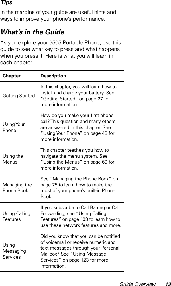 Guide Overview 13TipsIn the margins of your guide are useful hints and ways to improve your phone’s performance.What’s in the GuideAs you explore your 9505 Portable Phone, use this guide to see what key to press and what happens when you press it. Here is what you will learn in each chapter:Chapter DescriptionGetting StartedIn this chapter, you will learn how to install and charge your battery. See “Getting Started” on page 27 for more information.Using Your PhoneHow do you make your ﬁrst phone call? This question and many others are answered in this chapter. See “Using Your Phone” on page 43 for more information. Using the MenusThis chapter teaches you how to navigate the menu system. See “Using the Menus” on page 69 for more information.Managing the Phone BookSee “Managing the Phone Book” on page 75 to learn how to make the most of your phone’s built-in Phone Book.Using Calling FeaturesIf you subscribe to Call Barring or Call Forwarding, see “Using Calling Features” on page 103 to learn how to use these network features and more.Using Messaging ServicesDid you know that you can be notiﬁed of voicemail or receive numeric and text messages through your Personal Mailbox? See “Using Message Services” on page 123 for more information.